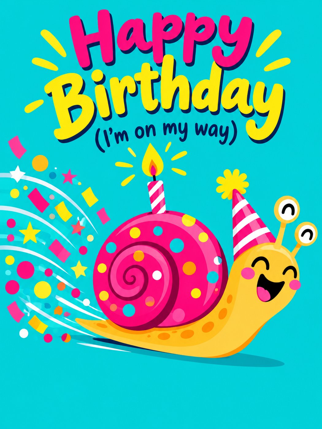 Birthday card: a smiling snail with a party hat and candle, Happy Birthday (I'm on my way)