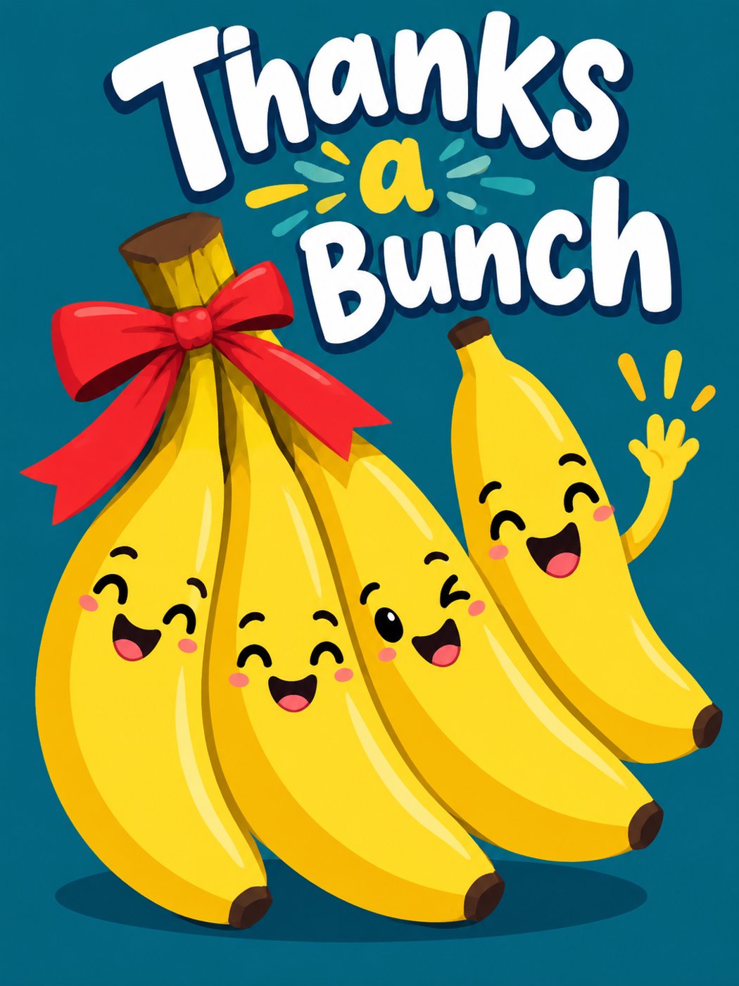 Thank you card: a happy bunch of bananas with a red bow, Thanks a Bunch