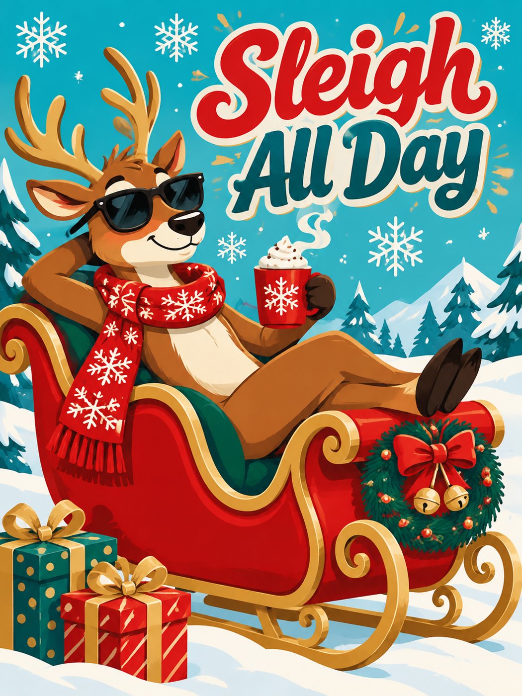 Christmas card: a reindeer in sunglasses relaxing in a sleigh with hot cocoa, Sleigh All Day