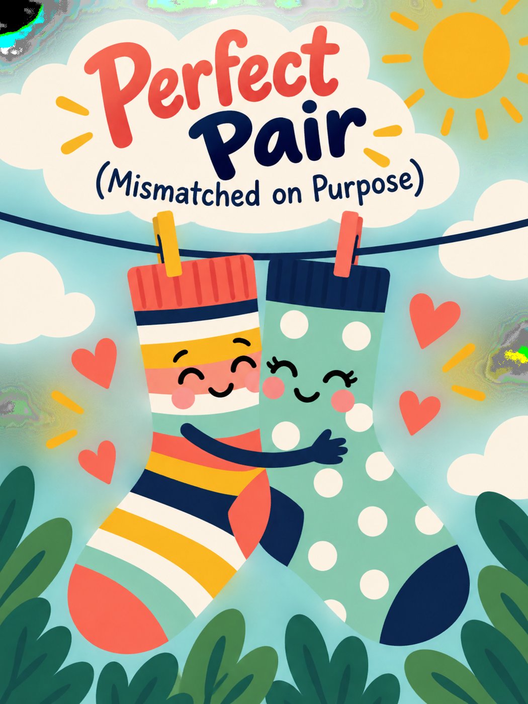 Friendship card: two mismatched socks hugging on a clothesline, Perfect Pair