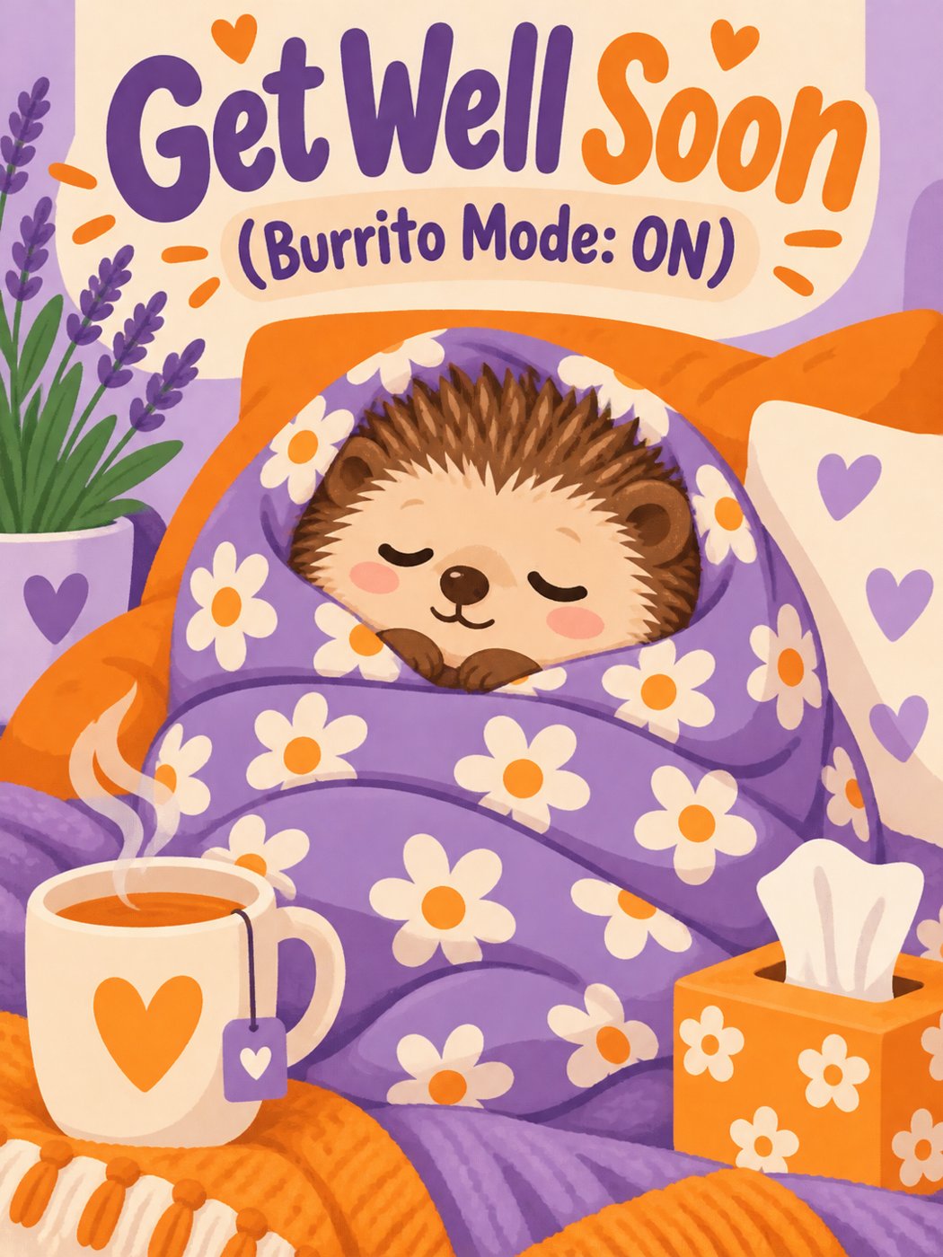 Get well card: a sleepy hedgehog wrapped in a blanket with tea, Get Well Soon